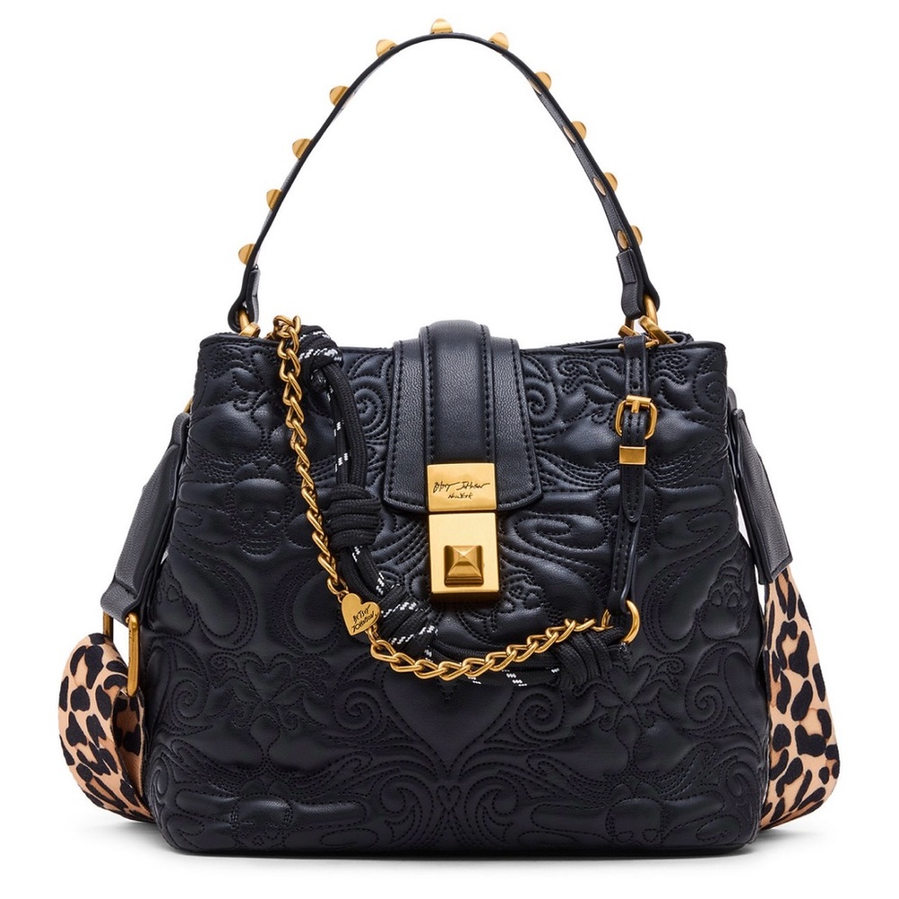 Betsey Johnson Black Quilted small Bucket/Crossbody with Leopard Strap